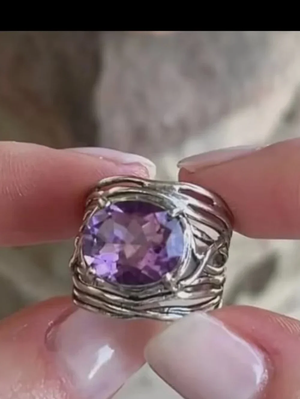 Amethyst Glass Stone Silver Boho Fashion Ring - Size 8